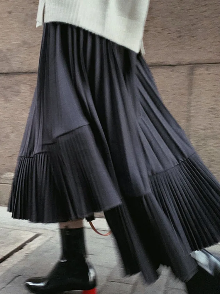 LANMREM Patchwork Fold Skirt For Women High Waist Solid Color Irregular Skirts Casual Female Clothing 2024 Summer New 2YA3242