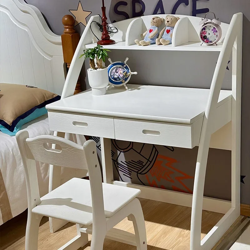 

American cream style desk bookshelf combination all solid wood pure log American study white children's furniture combination