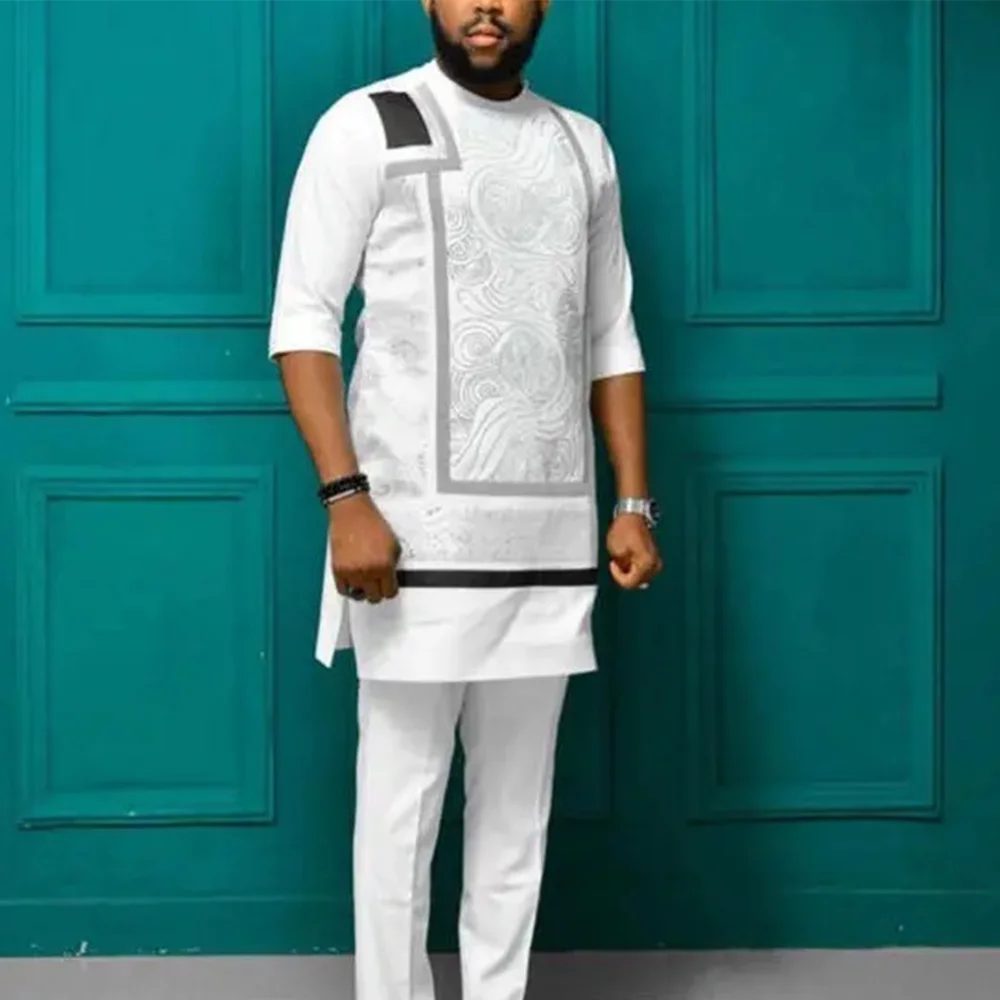 2024 Elegant Men's New Suit Shirt Trousers 2-piece Set Long-sleeved Suit Round Neck Solid Color Social African Ethnic Style