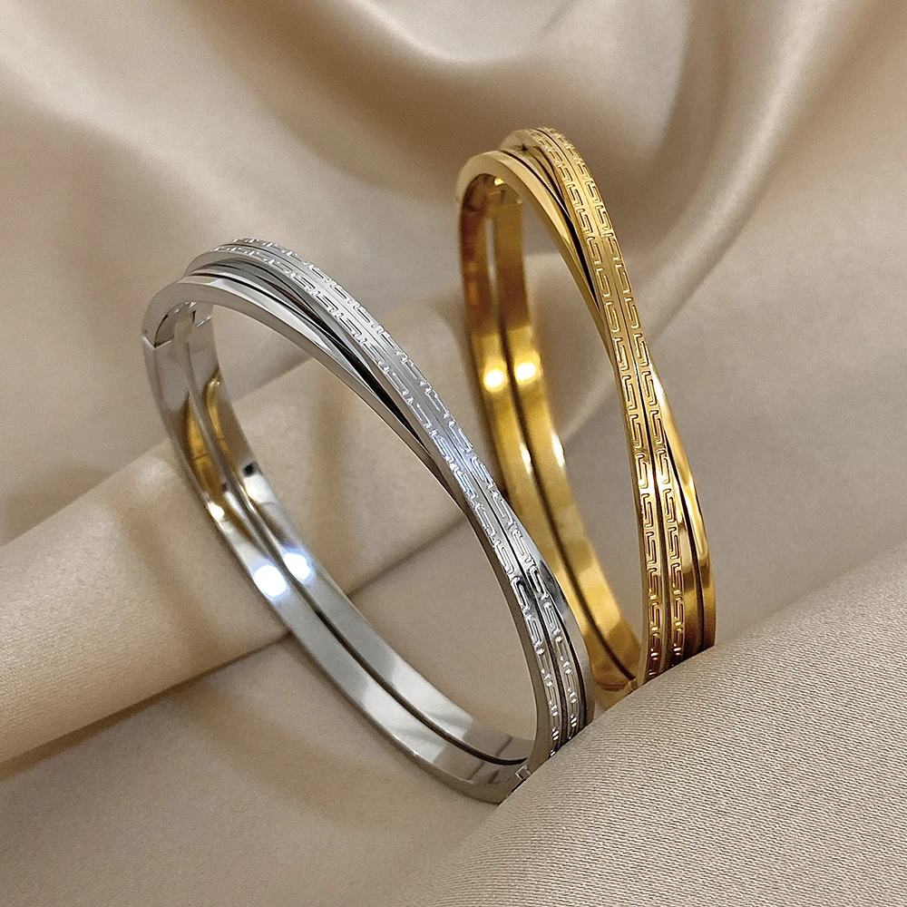 

Freetry Smooth Stainless Steel Bangle Bracelet for Women Waterproof Geometric Gold Color Wide Cuff Bracelet Female Jewelry Gift
