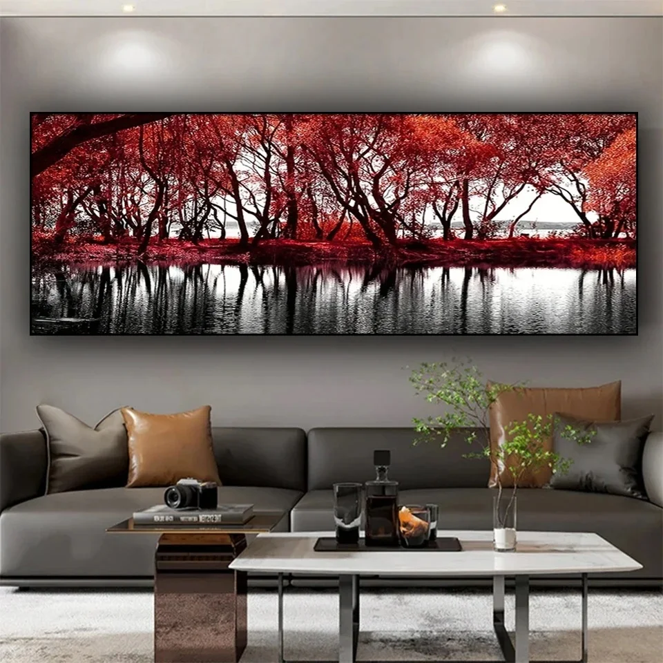 Black and White Red Autumn Tree Forest Diamond Painting New DIY Full Lake Fall Landscape Diamond Mosaic Picture Of Rhinestone