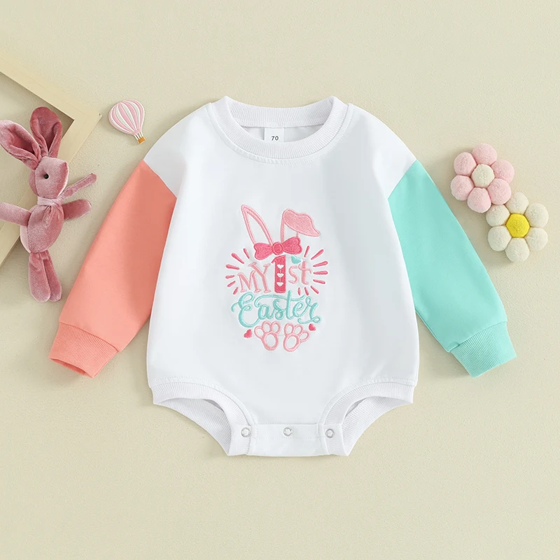 

Newborn Baby Girl My 1st Easter Outfit Contrast Color Bubble Romper Letter Embroidery Long Sleeve Bodysuit Playsuit