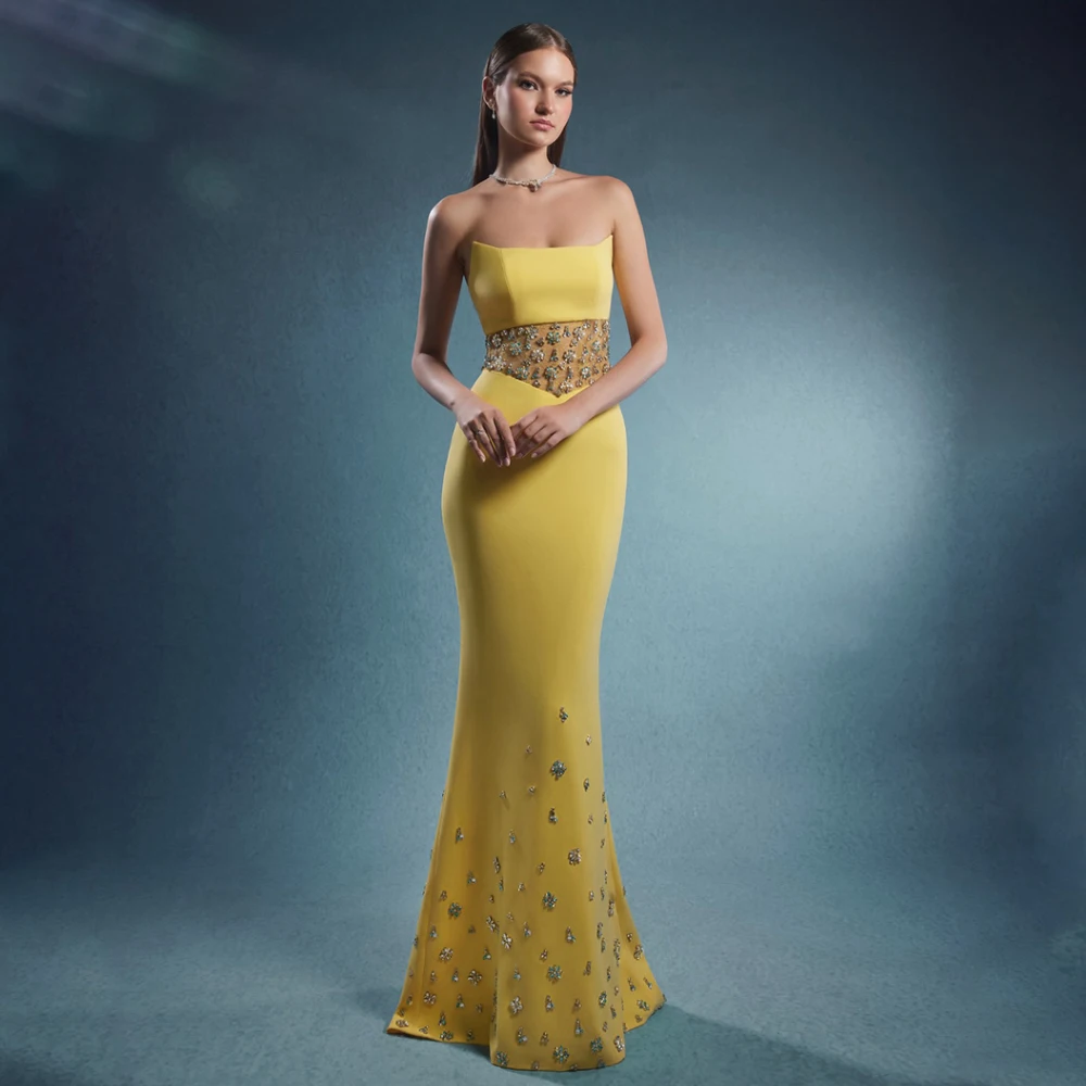 Yellow Party Dresses Strapless Customized Crystal Beading Mermaid Prom Gown for Pageant Sweep Train Robe Soiree Evening Dress