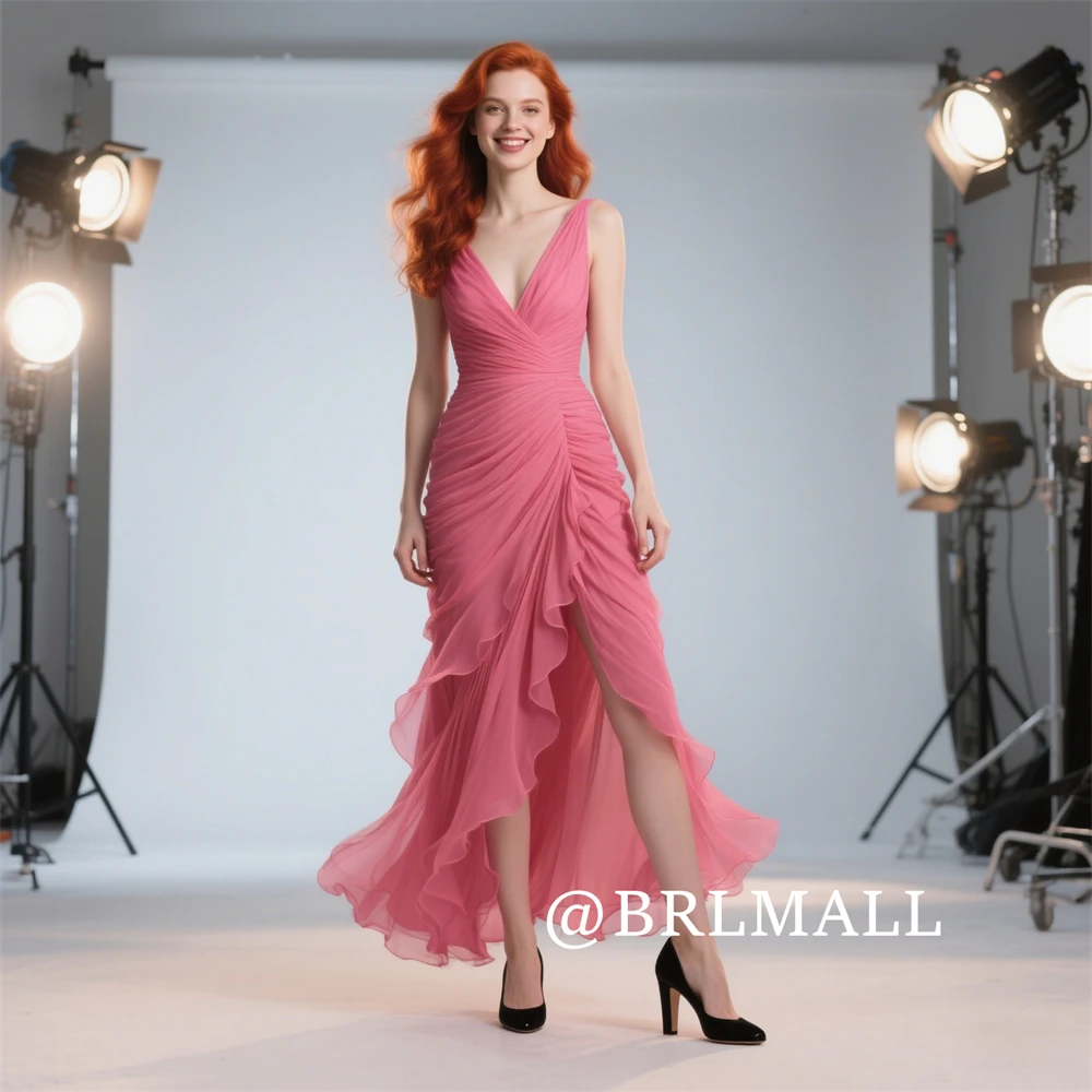 

BRLMALL Pleated Chiffon Prom Dress with Side Slit Sheath Long Evening Dresses Tank Sleeves Plunging Neck Party Cocktail Gowns