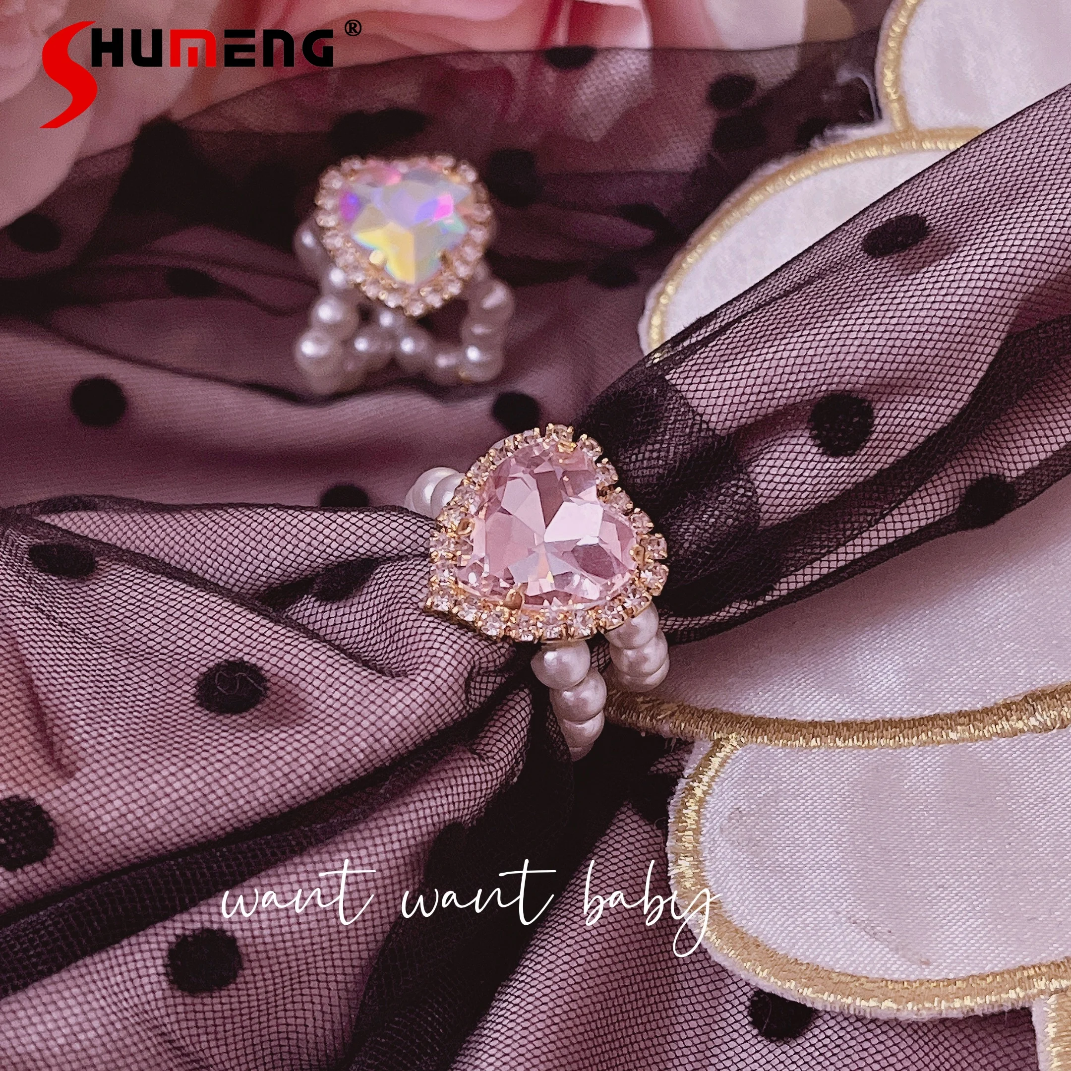 Japanese Style Romantic Girl Ring Handmade Mass-Produced Mine Ornament 2023 New Sweet Cute Heart Shape Rhinestone Pearl Rings