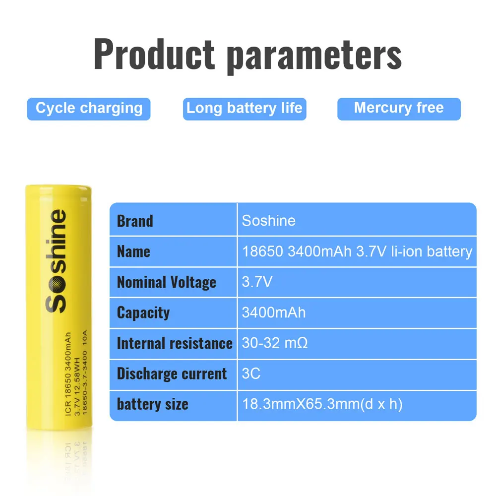 Soshine 3400mAh 18650 Rechargeable Battery Original 3.7V 3C ICR 18650 Li-ion Battery 3400mah 10A Batteries for Toy Flashlight