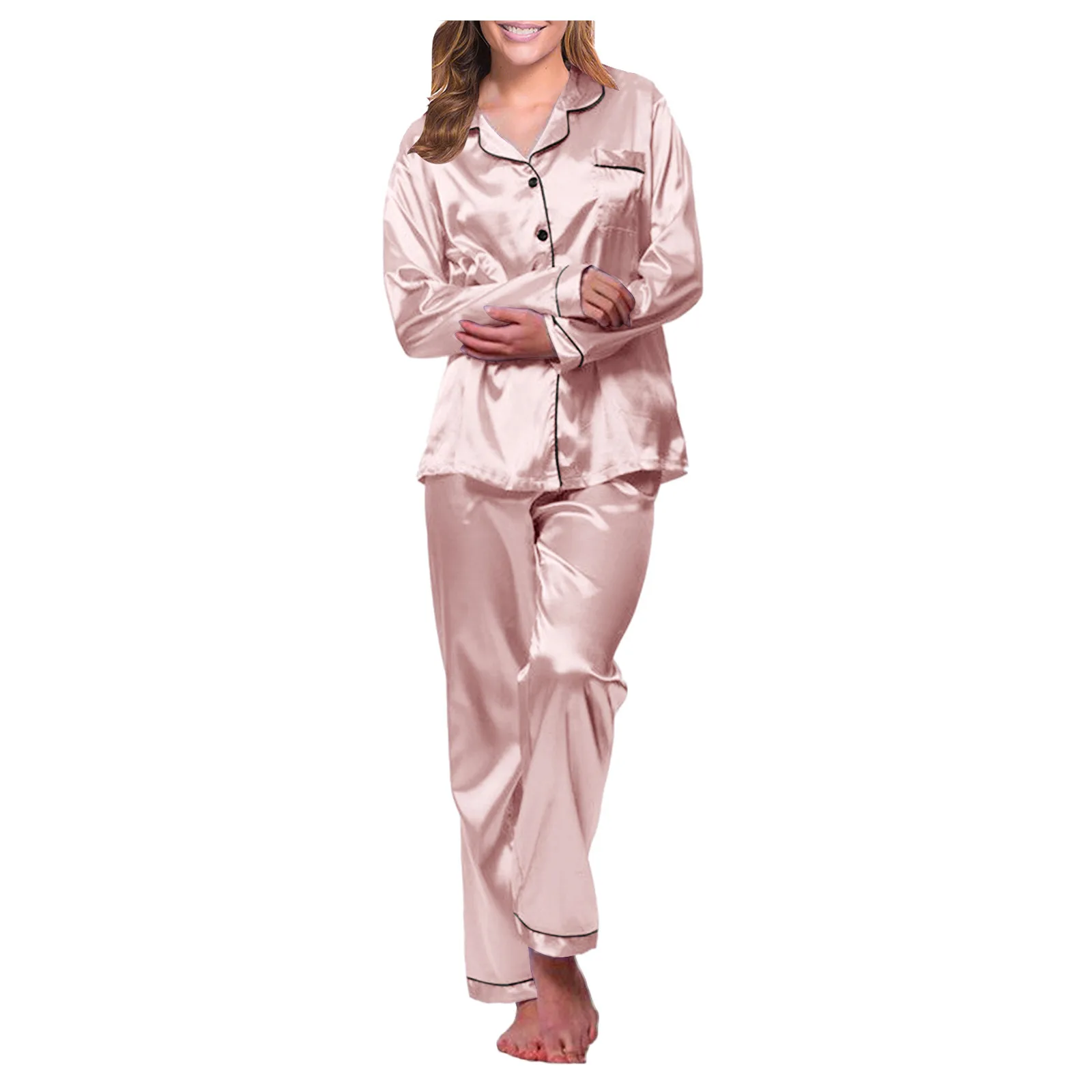 Roupa interior sexy monocromática cetim conjunto feminino, camisola, calças de manga comprida, roupa doméstica