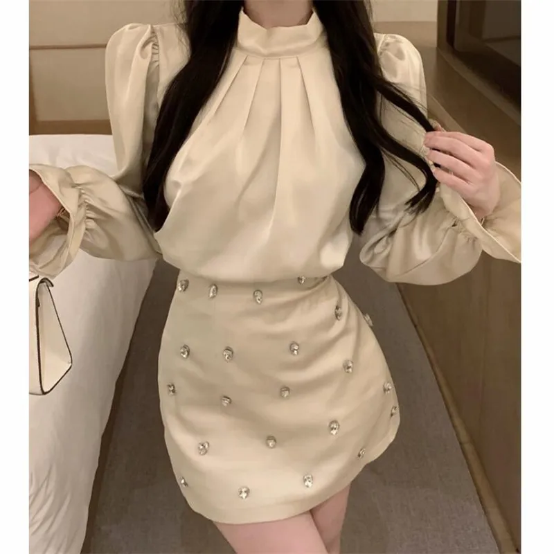 Elegant Lady Fashion Two Piece Sets Stand Collar Flare Sleeve Satin Shirts&Glitter Diamond Mini Pencil Skirt 2pc Dress Suits