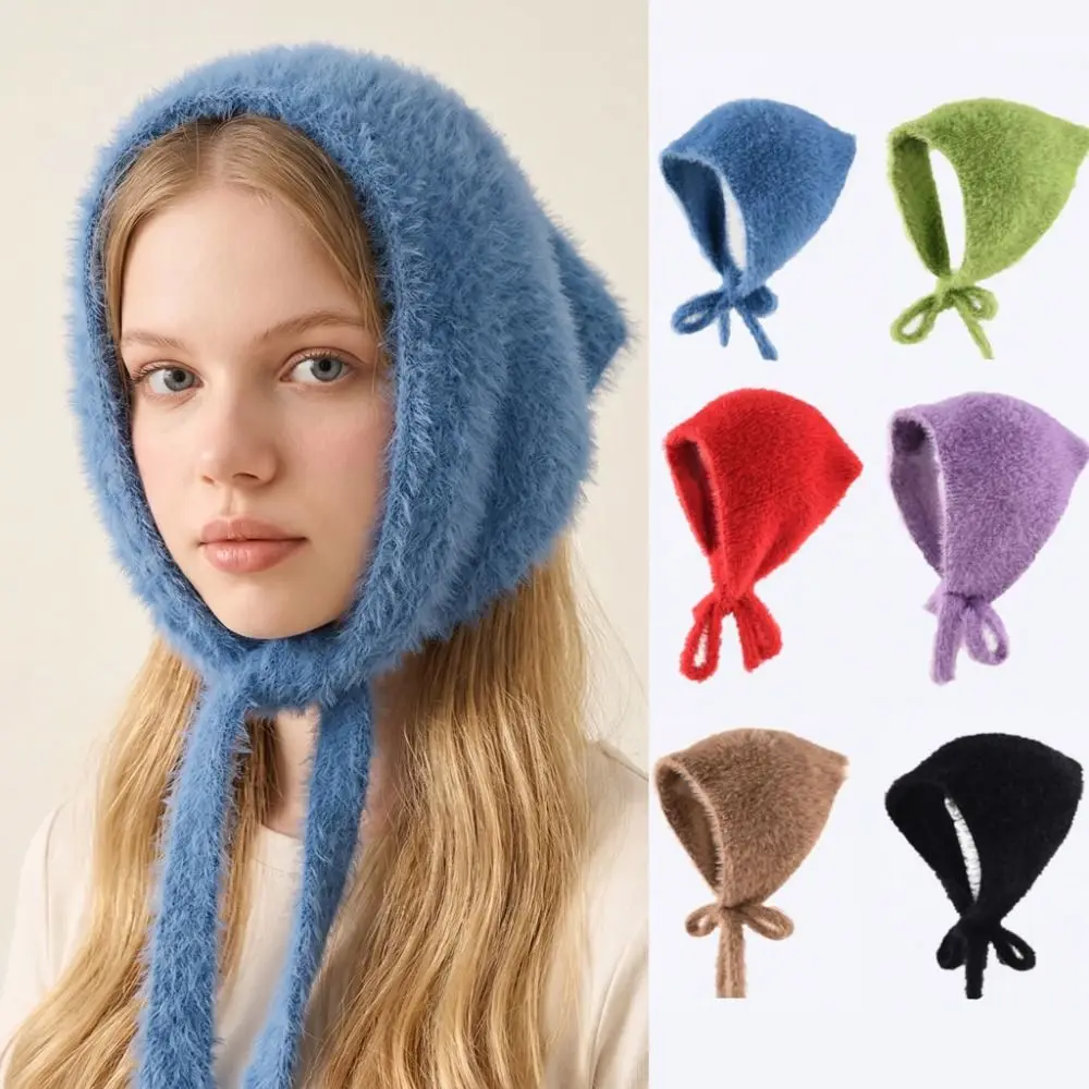 Simple Triangular Wool Headscarf Solid Color Plush Knitted Triangle Scarf Headband Hat Retro Bandana Scarf Accessories