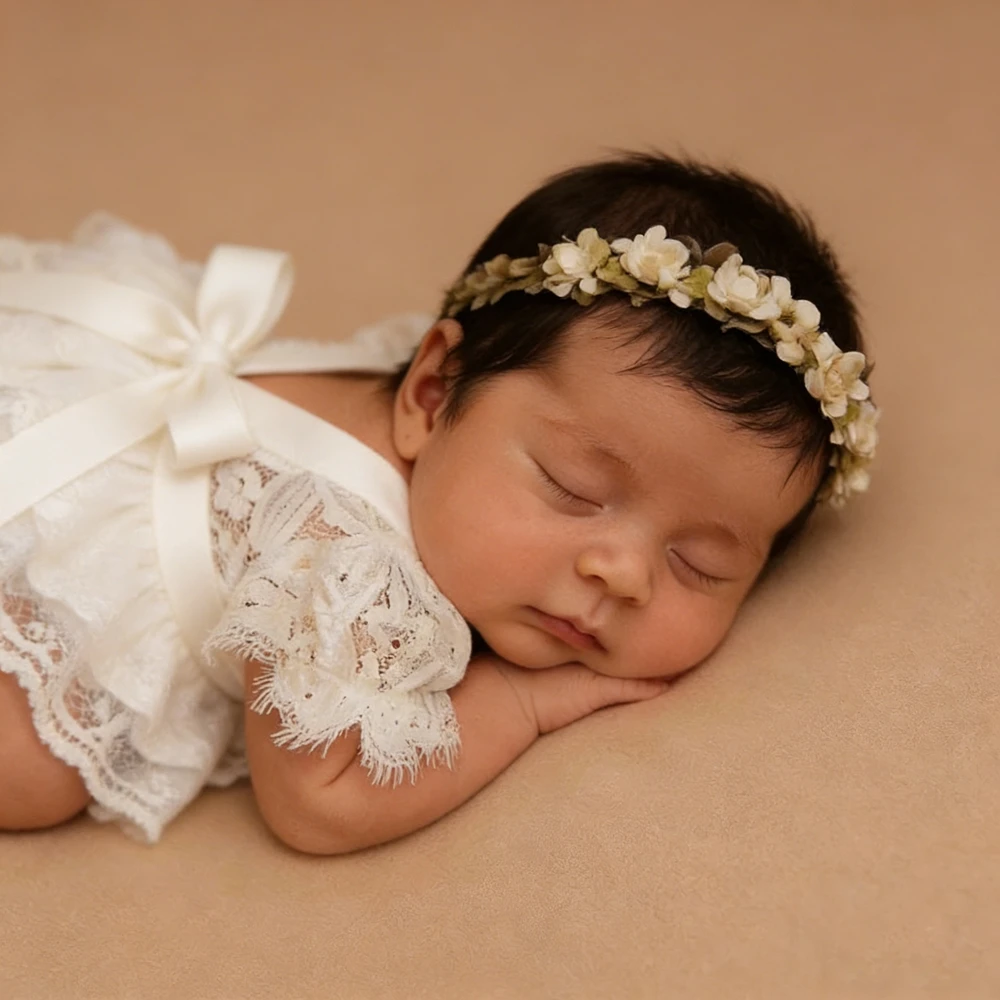 エレガントな白いレースロンパースバックボウタイ新生児写真撮影女の赤ちゃんフリル写真撮影衣装小道具