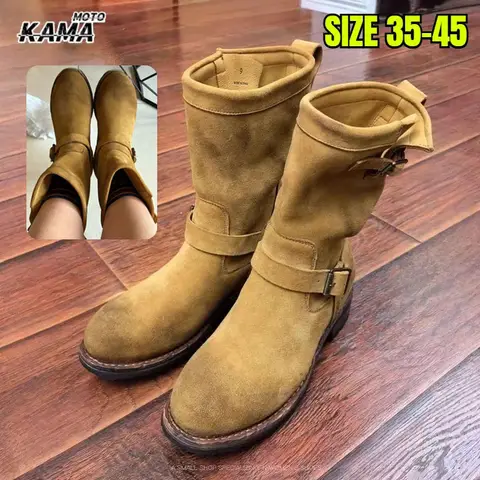 Handmade Vintage Khaki Suede Work Boots Men and Women Engineer Ort Shoes American Retro Motorcycle Boot Faded Mid-Calf Boot