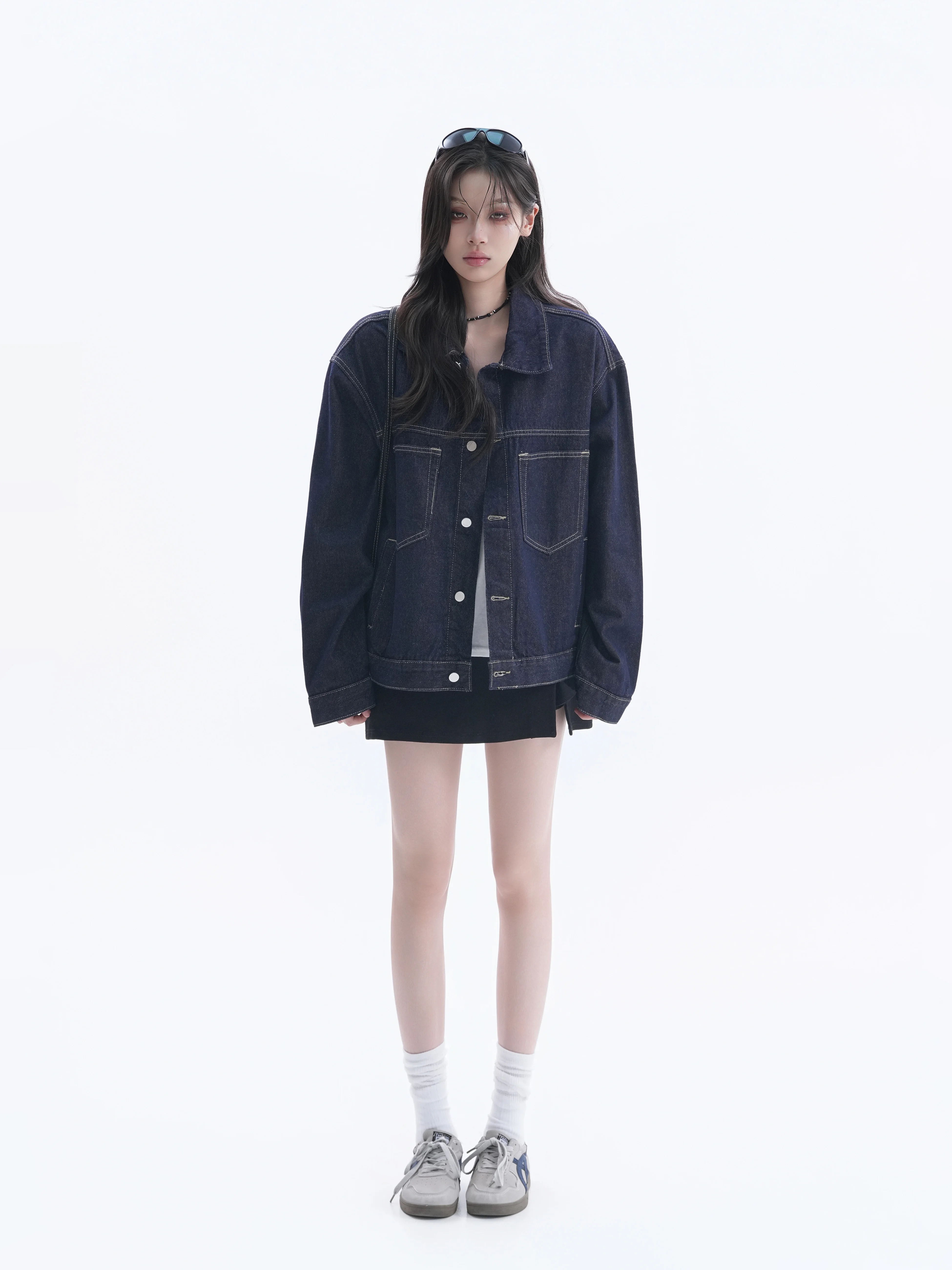 Casual Loose Fit Women's Denim Jacket Embroidered Stitching Design Biker Style Coat Long Sleeve Cotton Blend Fashion Outerwear
