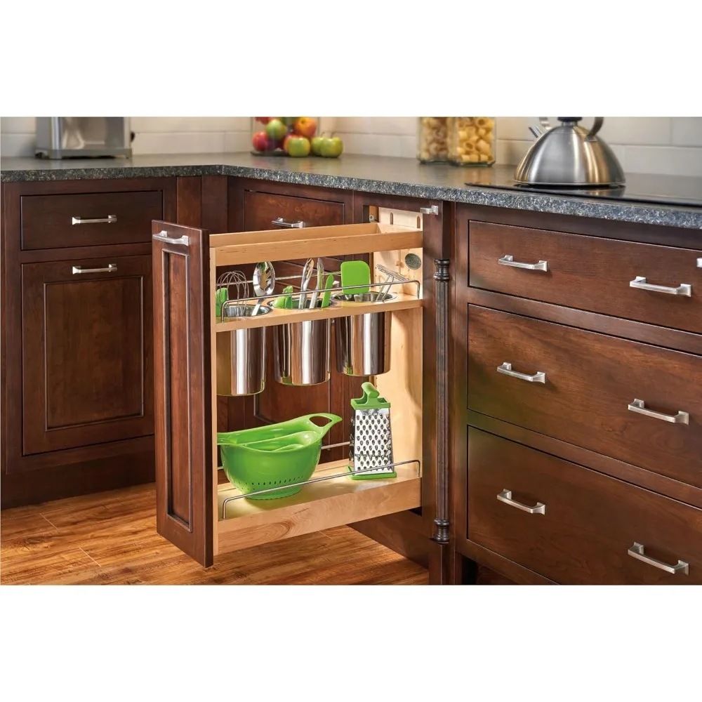 Pull-out storage shelves for basic kitchen cabinets with soft close, sliding racks for utilities, cutlery or spices