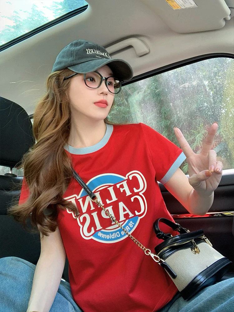 

Retro American Red ort Sve T-irt Women Summer 2025 New Letter College Sle oulder High Spicy Girl Top Cotton Blend