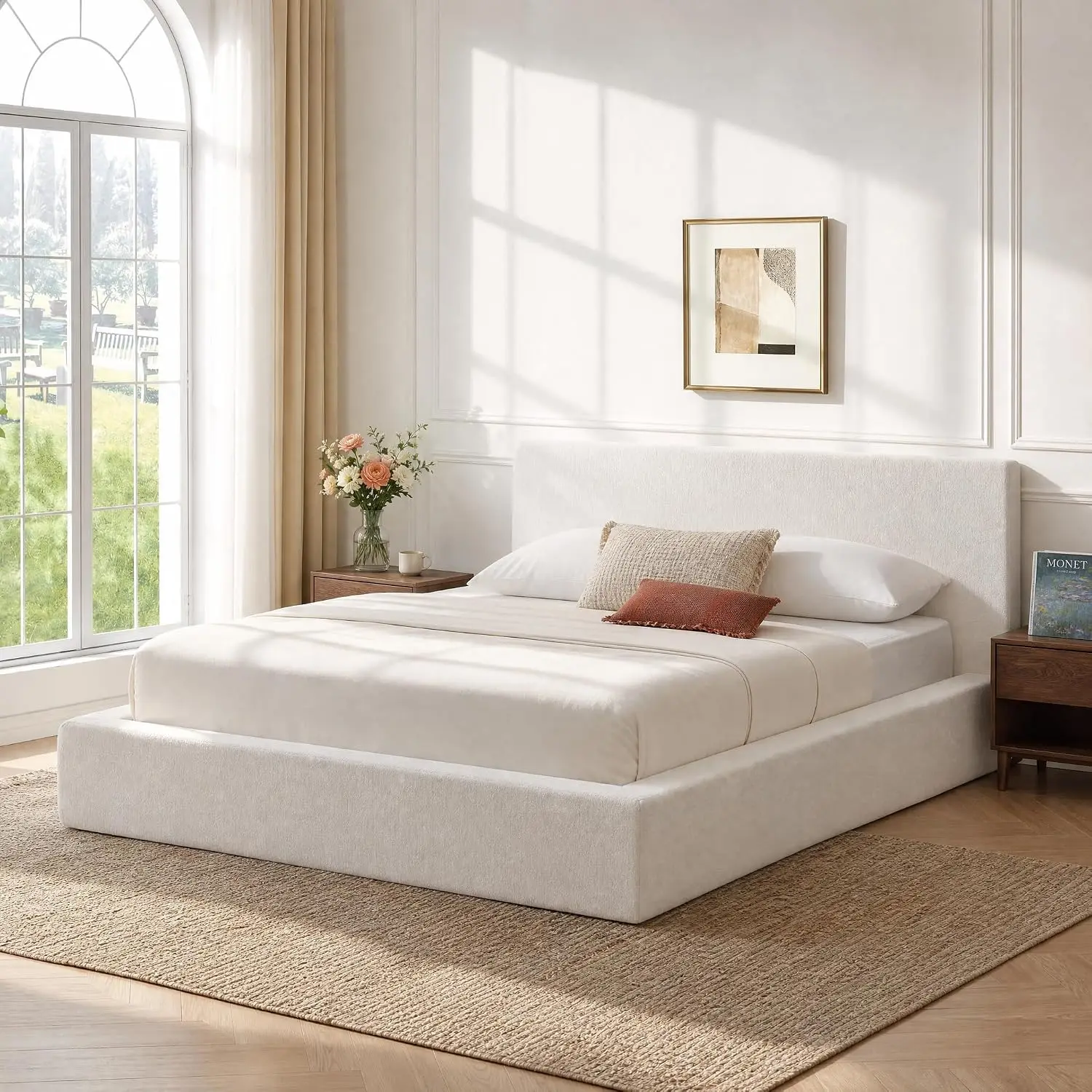 Modern Upholstered Bed Frame Headboard Foam Border Chenille Fabric Steel Support No Box Spring Easy Assembly White Customized