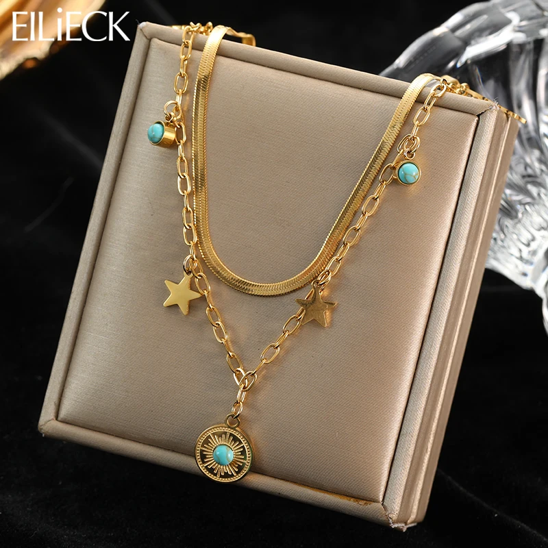 Ожерелье EILIECK из нержавеющей стали 316L с перьями, звездой, круглым зеленым камнем, Подвеска для женщин, винтажная цепочка для девушек, ювелирные изделия в подарок ожерелье