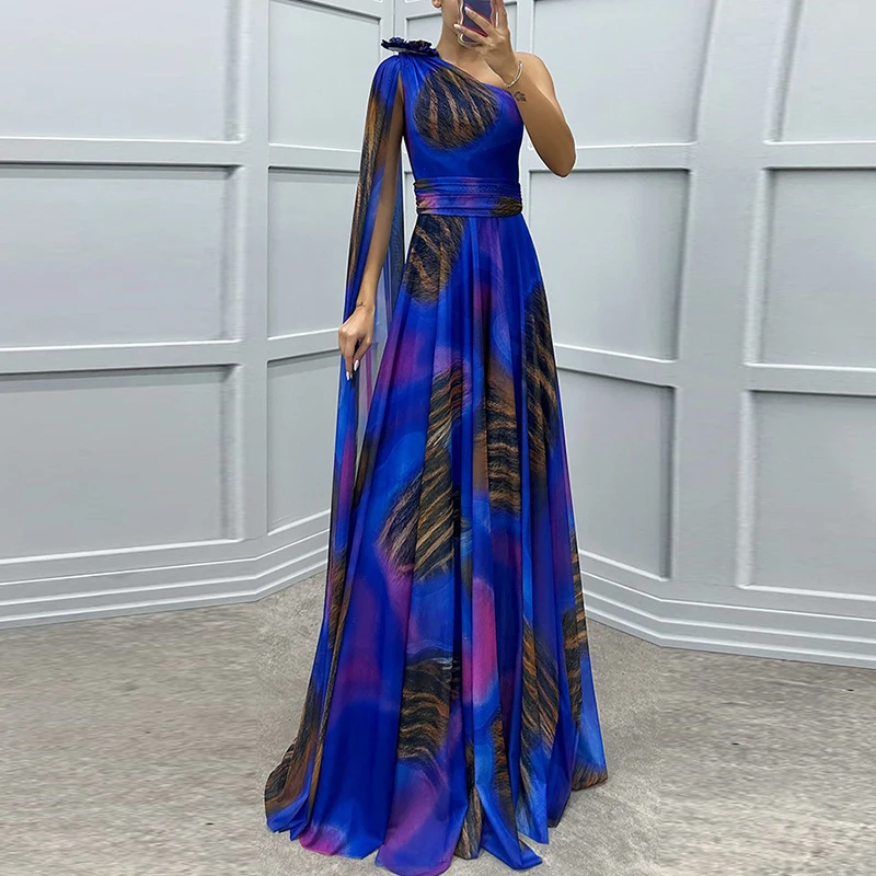 Fashion Pattern Printed Chiffon Dress Elegant Diagonal Collar Asymmetric Long Dress Temperament High Waisted Pleat Evening Dress