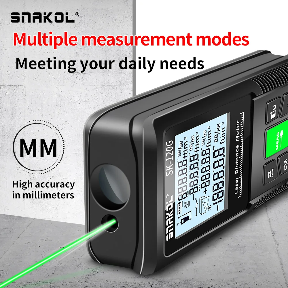 Imagem -04 - Snakol Laser Tape Measure 120m Laser Verde Distância Medidor Rangefinder Digital Alta Precisão Roleta Régua Eletrônica Múltipla