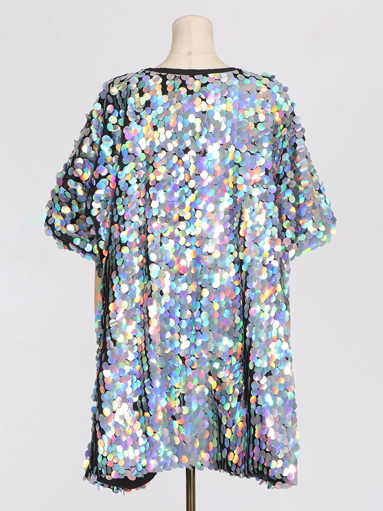 TWOTWurea YLE-Robes à paillettes épissées pour femmes, col rond, manches courtes, taille haute, mini robe femme, nouveau