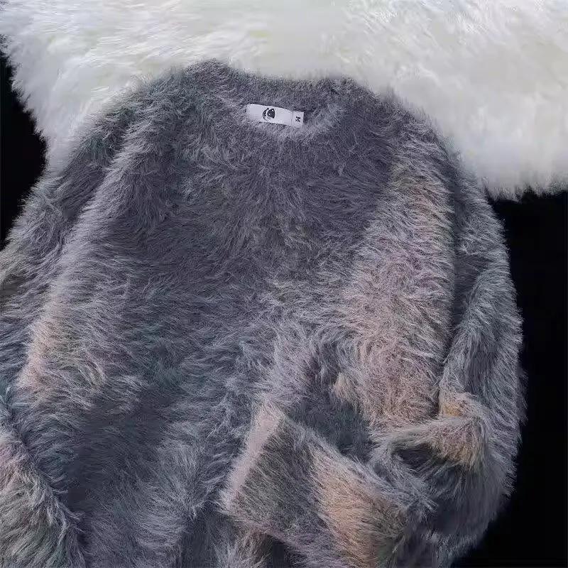 سترة شتوية من فرو المنك الصناعي ناعمة ولزجة بلون سادة مع ملمس راقي، للرجال والنساء بأكمام طويلة ورقبة دائرية دافئة