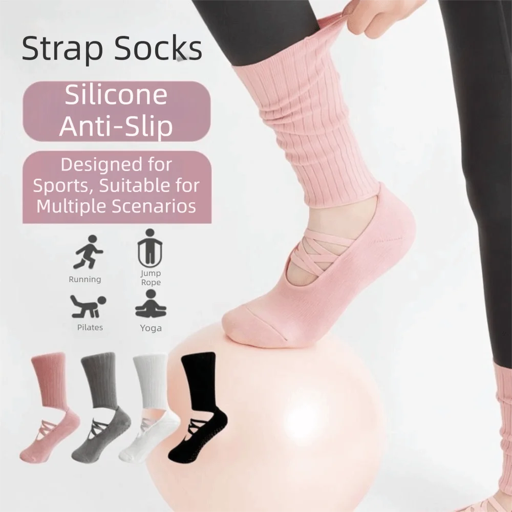 

Breathable Fabric Grip Pilates Socks Sweat-absorbent Strappy Design Women's Yoga Socks Mid Tube Length Non-Slip