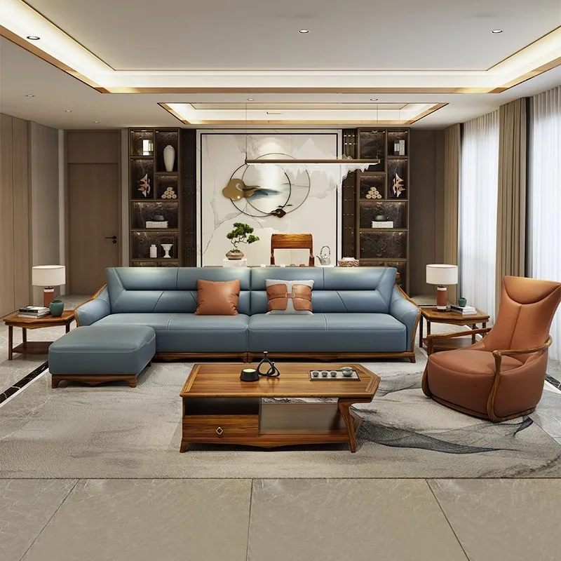 Ebony solid wood sofa leather first layer cowhide thick leather new Chinese style living room size apartment sofa combination se