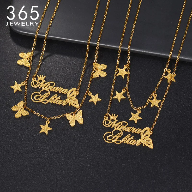 

Двухслойные имена из нержавеющей стали, матовый кулон, персонализированные звезды, цветы, двойная цепочка, ожерелье, женские ювелирные изделия