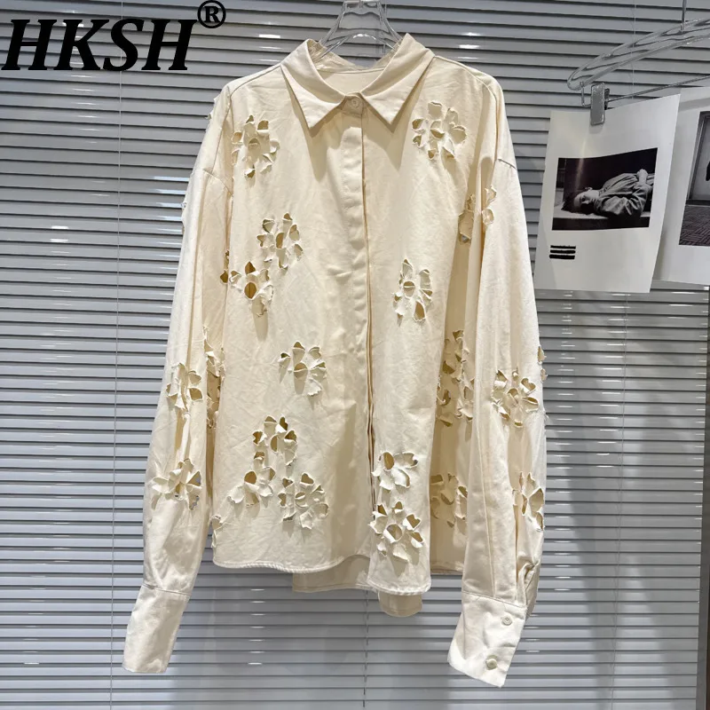 

HKSH Spring Summer New Women High Street Trendy Chic Casual Long Sleeved Hollow Out Shirt Sexy Stylish Pleated Mini Skirt HK7643