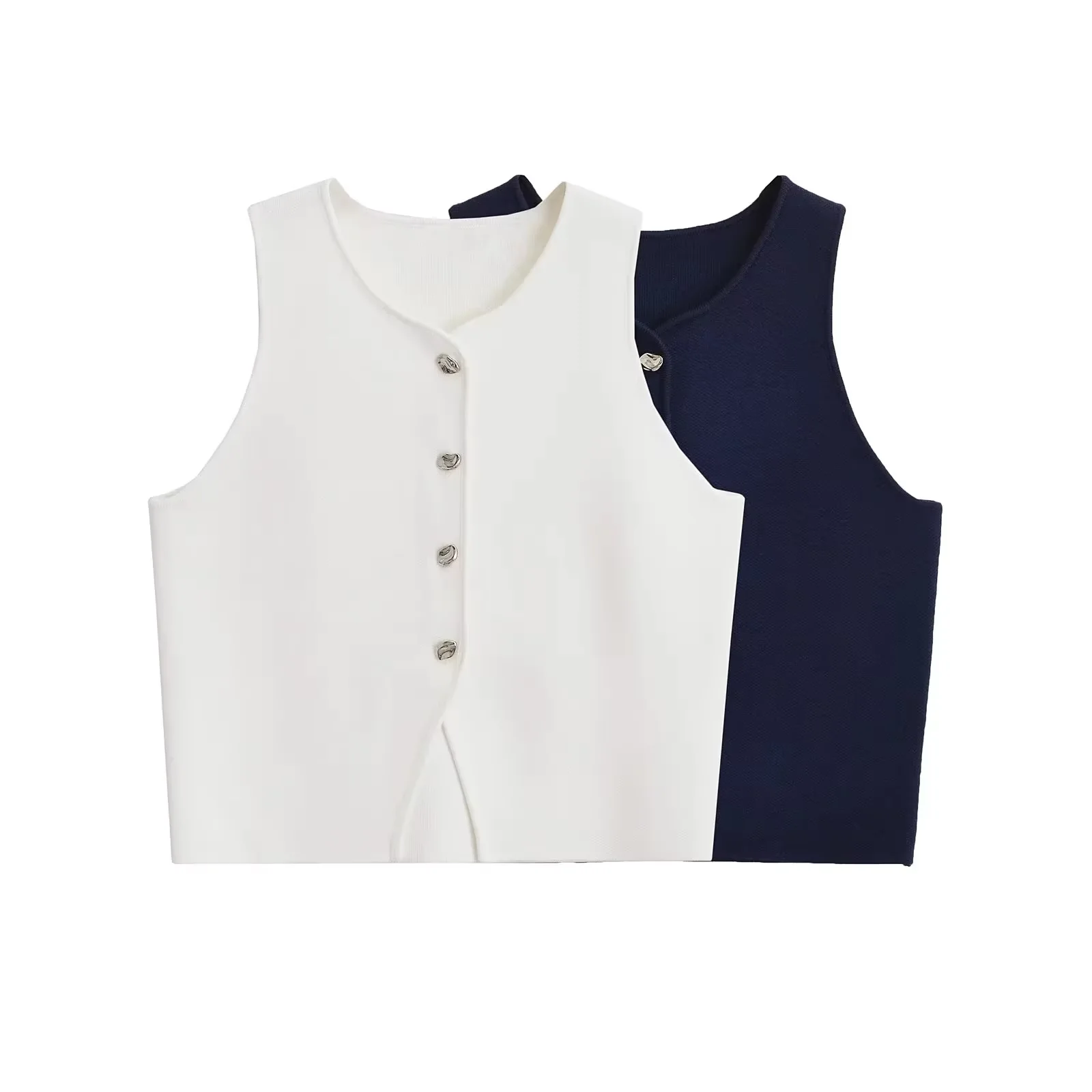 2025 가을 트렌디한 여성용 화이트 니트 크롭 탑(버튼 디테일 포함) |   패션 걸스를 위한 스트리트웨어 조끼 탱크탑