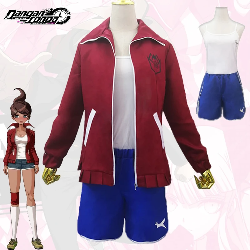 女性のためのdanganronpaコスプレコスチューム、asahina aoiゲーム、レッドコート、トップとブルーショーツ、フルセット、アニメロールプレイユニフォーム、ハロウィーンとカーニバル