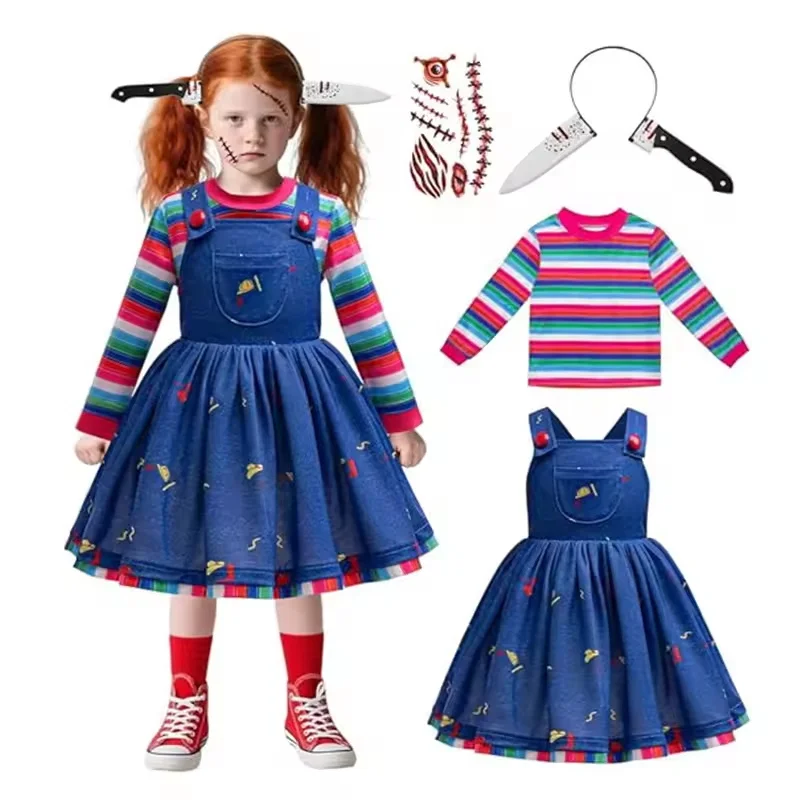 فيلم الرعب شبح دمية نفس تأثيري حلي مع اكسسوارات مجموعات الهالوين للأطفال أداء فستان بنات فساتين الحفلات