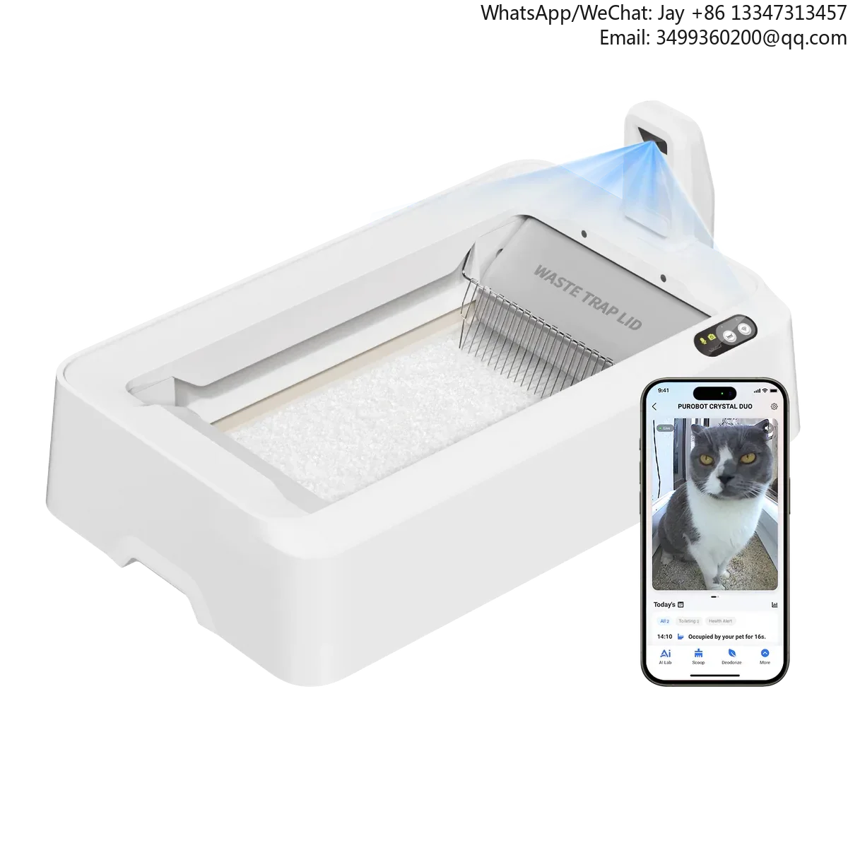 

Автоматическая кошачья коробка Purobot Crystal Duo открытого типа с камерой AI для мониторинга здоровья