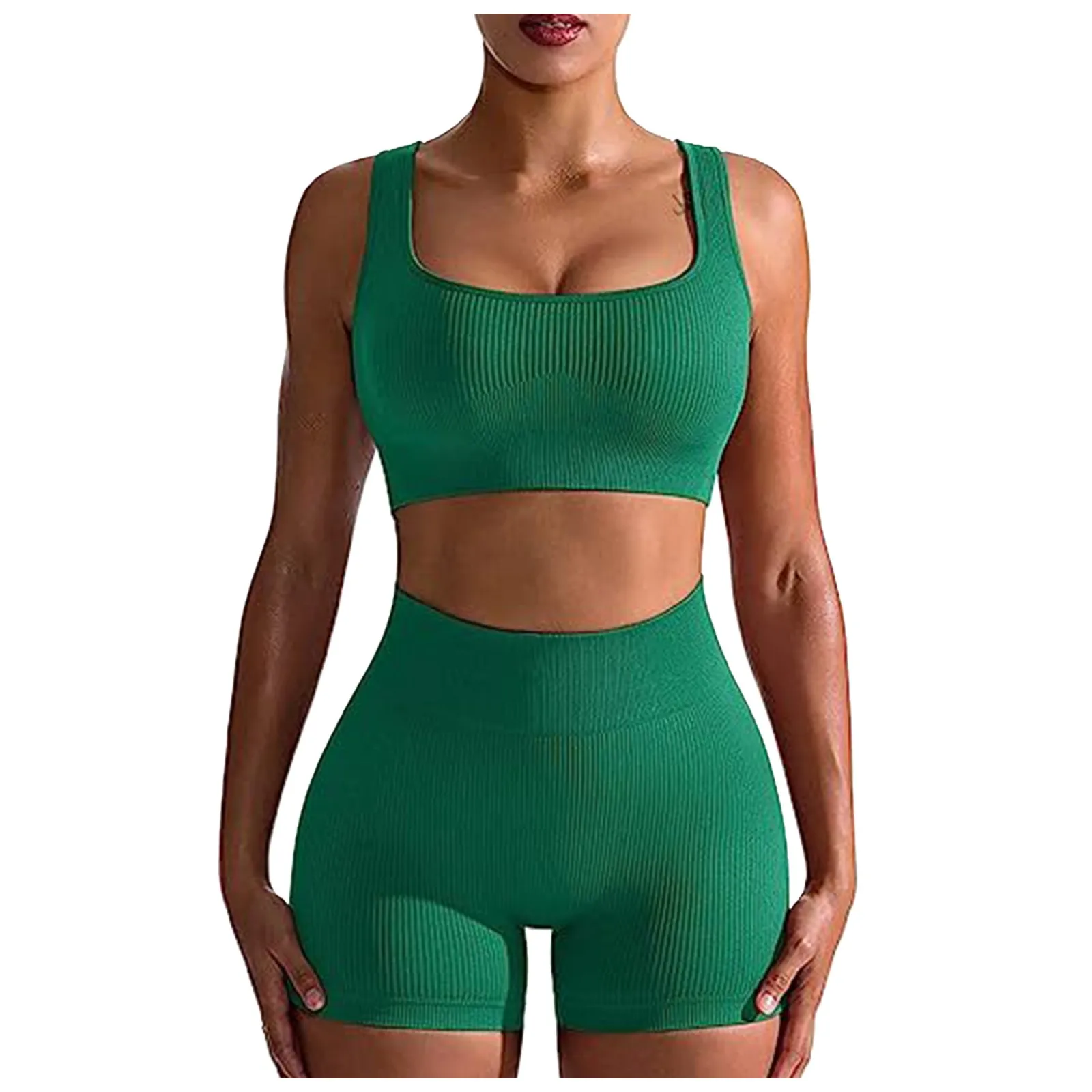 Workout Outfit Sets For Women 2 Piece Seamless Ribbed High Waist Leggings With Sports Bra Crop Full Bottom Swimsuits for Women