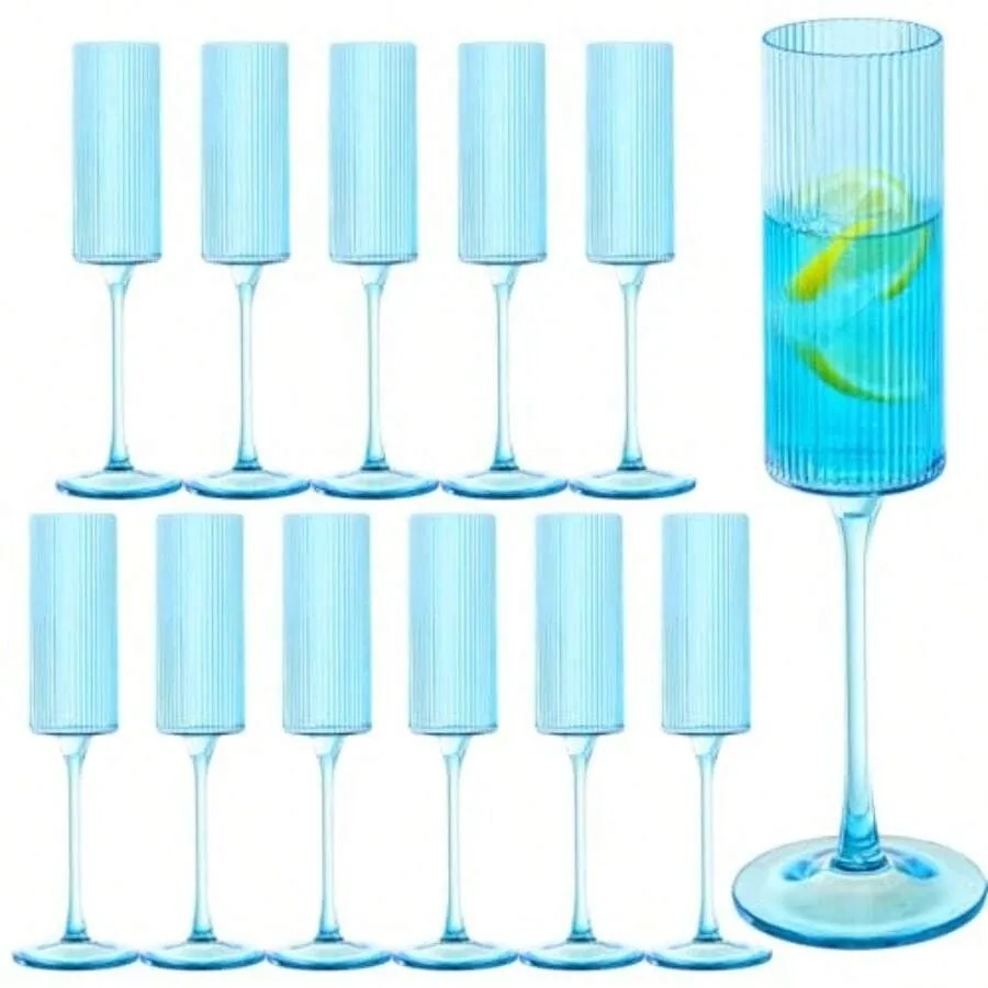

D12Pieces Blue Plastic Wine Glasses 6OZ Ribbed Champagne Flutes Mimosa Bar Toasting Glass Champagne Long Stem Vintage Drinking