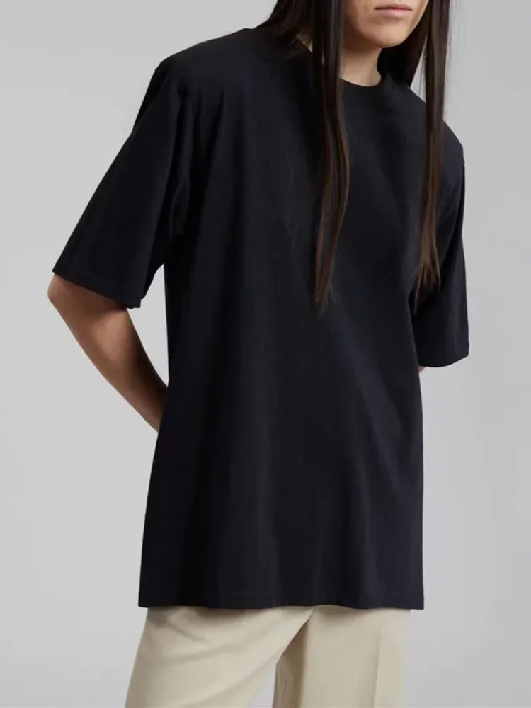 

Female Cotton Tee Top Split Bottom T-shirt with Shoulder Pad Short Sleeve for Summer