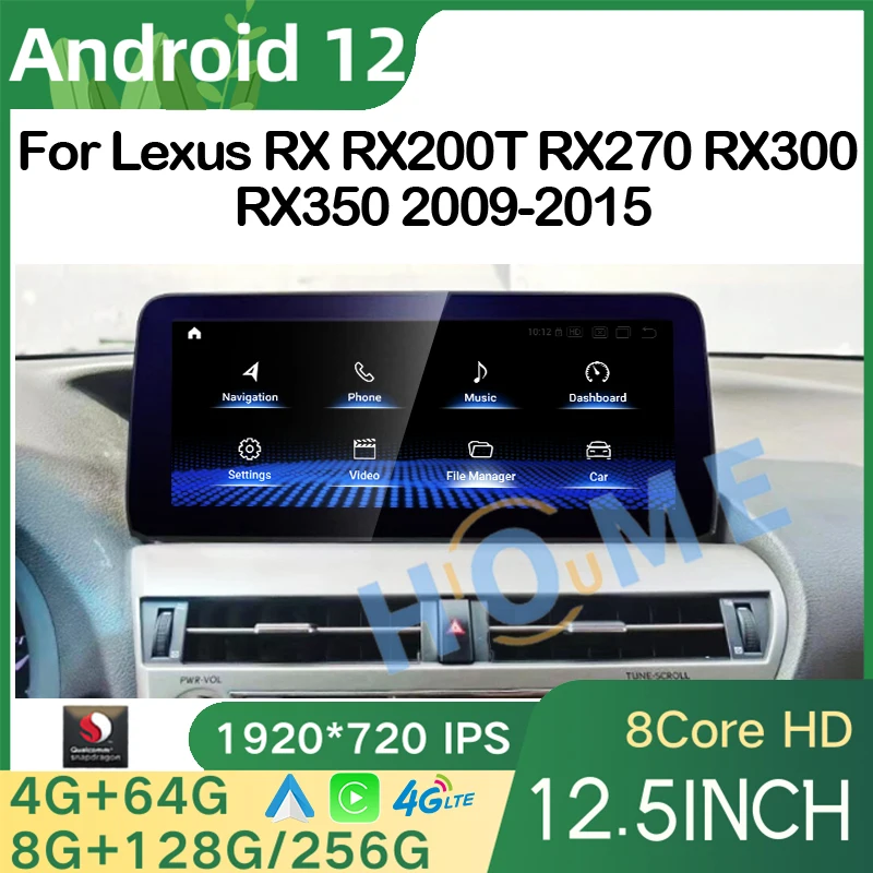 

New 12.5 Inch Qualcomm Android 12 Wireless CarPlay For Lexus RX RX270 RX350 RX450H 2009-2015Multimedia Video Player Auto SWC DSP