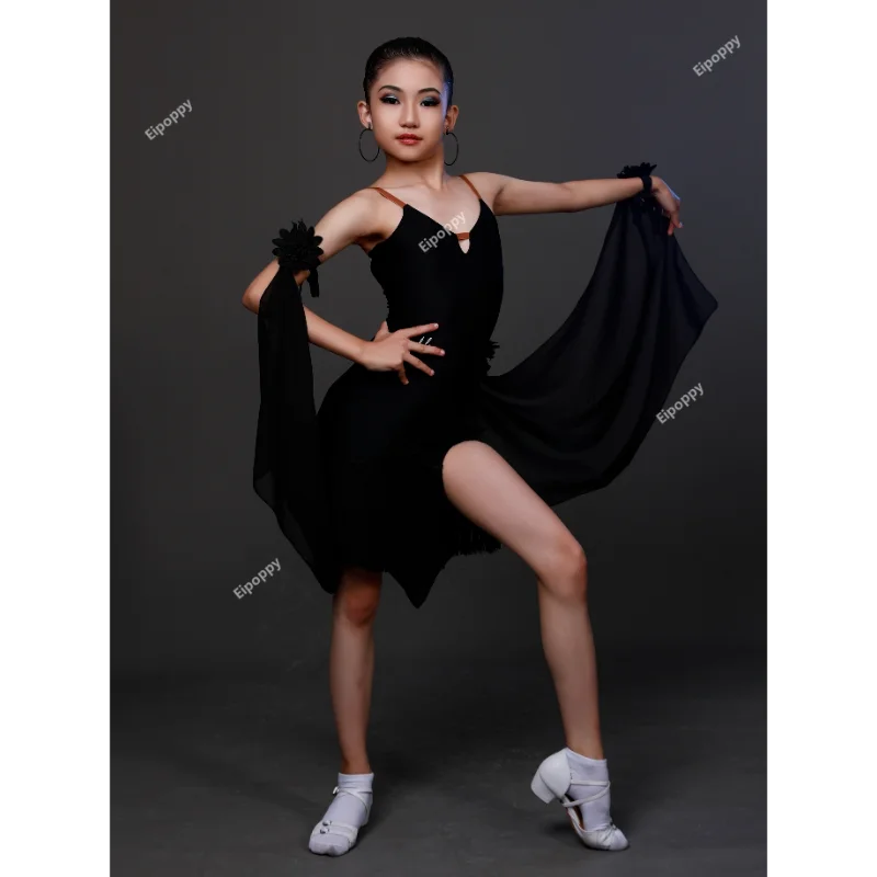 Neue Kind Quaste Latin Tanz kleid Mädchen Cha Cha Samba Tango Ballsaal Rumba Kleidung Schlinge Mädchen Wettbewerb Performance Kostüm