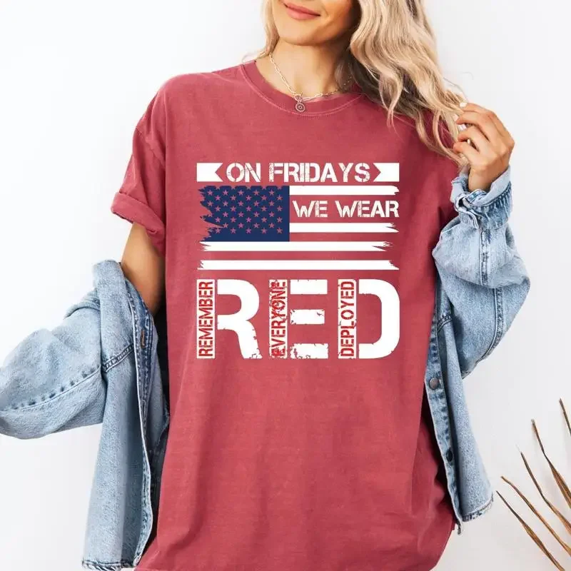 On Friday We Wear Red  T Shirt Remember Everyone Deployed American Flag