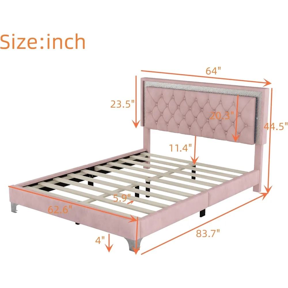 Gestoffeerd queensize bedframe met LED-verlichting, modern fluwelen platformbed met getuft hoofdeinde, perfect, (roze, koningin)