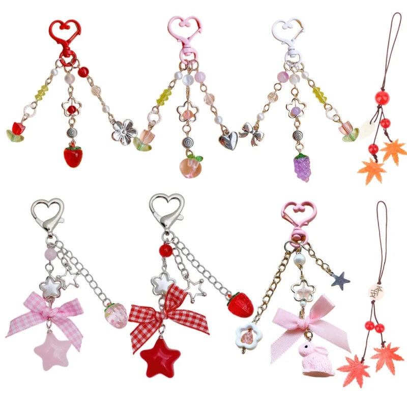 Y2k Fashion Flower Star Love Bow Strawberry Pendant Acrylic Keychain Student Women's Bag Backpack Pants Chain