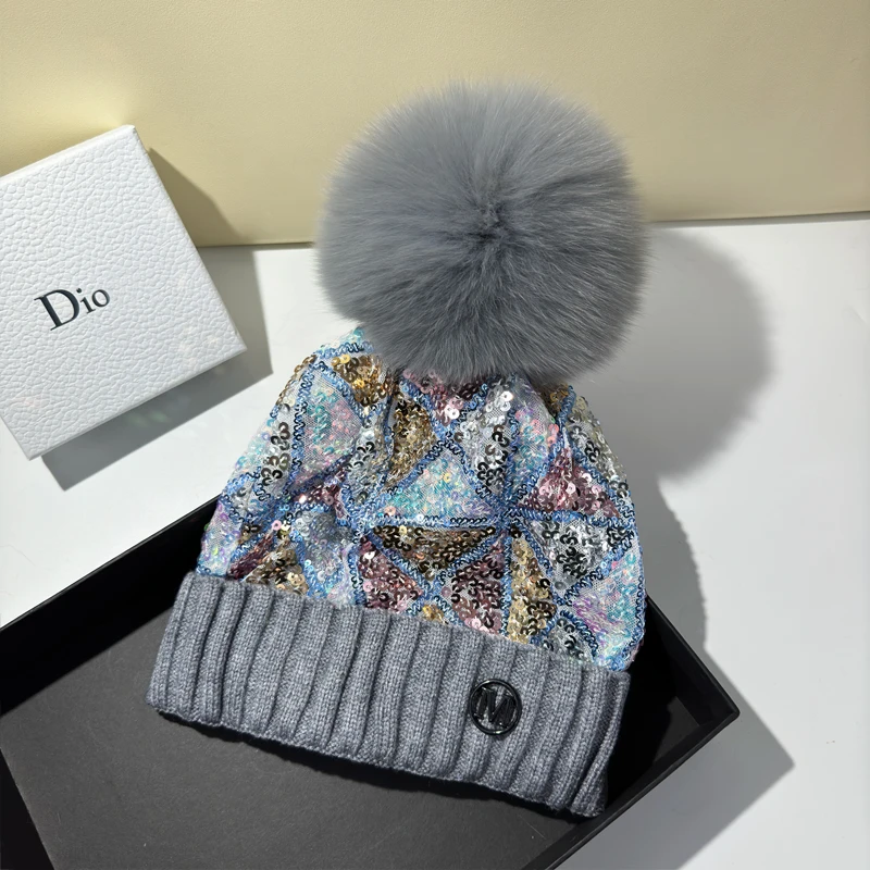 New Colorful sequined real fox fur ball knitted hat for women versatile in autumn and winter ear protection warm hood trendy