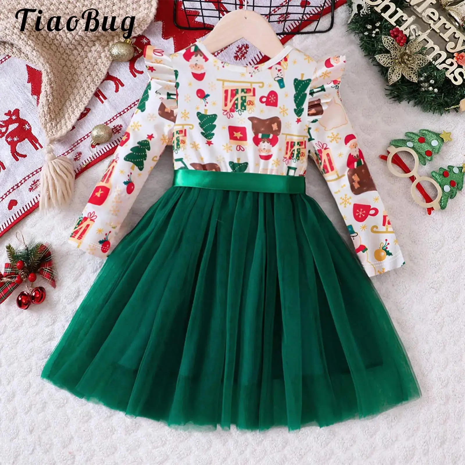 

Toddler Long Sleeve High Waist A-line Tulle Christmas Dress Cute Print Baby Girl Princess Party Dress New Year Xmas Outfits