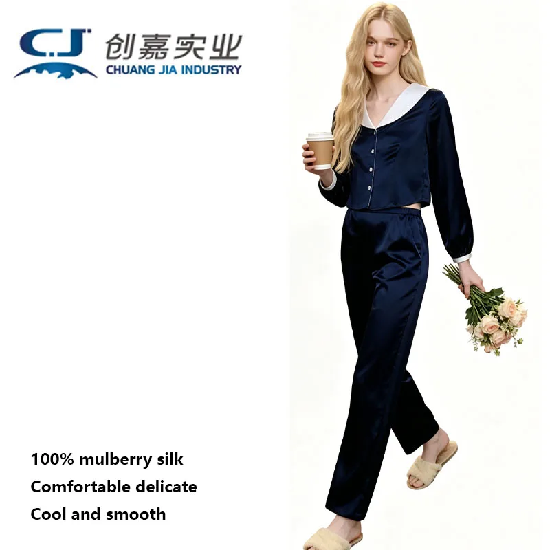 

100% Mulberry Silk Ladies Set Purple Long Sleeve Top and Trousers 2 Pieces of Dress Temperament Casual Comfortable Women's Wear