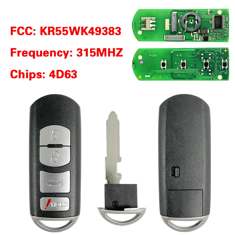 

CN026055 Aftermarket 4 Button Smart Keyless go Remote Fob FCC KR55WK49383 4D63 Chip 315MHz For Mazda 6 2009-2013