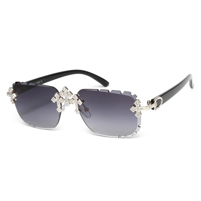 2025 mode carré sans monture lunettes de soleil pour femmes croix diamant métal cadre lunettes de luxe coupe lentille UV400 nuances lunettes de soleil