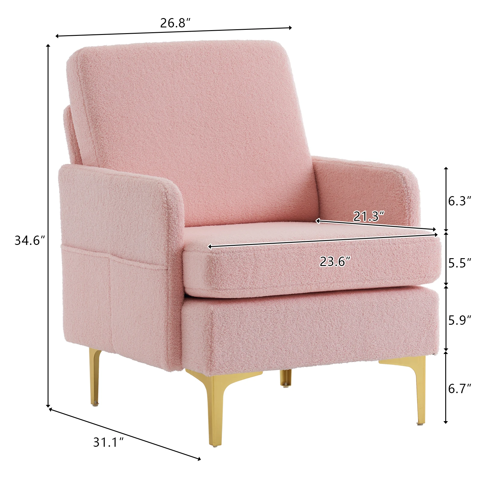 [Flash Sale]Teddy Velvet Gold Feet Indoor Leisure Chair Narrow Armrest Accent Chair Off-White/Pink/Dark Gray[US-Stock]