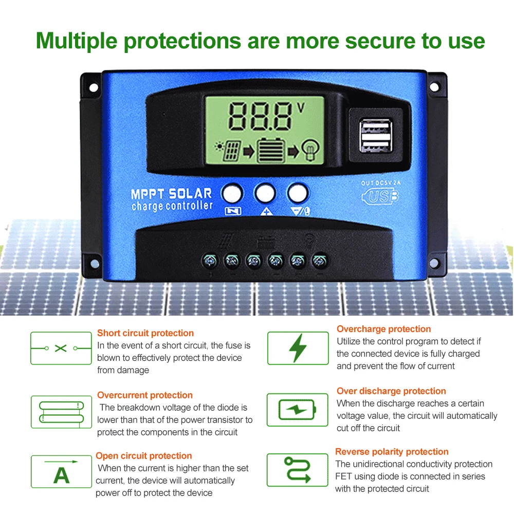 Solar Controller Battery Charge/Discharge PV Power Regulator 2 USB Auto 12V/24V 30A 40A 50A 60A 100A Solar Charge Control System