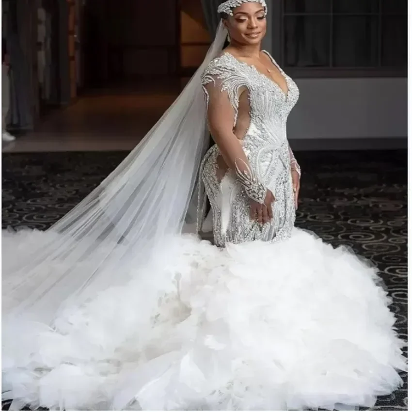 Customized  Heavy Crystals Beading Mermaid Wedding Dress Robe De Mariée Long Sleeves Tulle Tiered Layers Plus Size Bridal Gowns