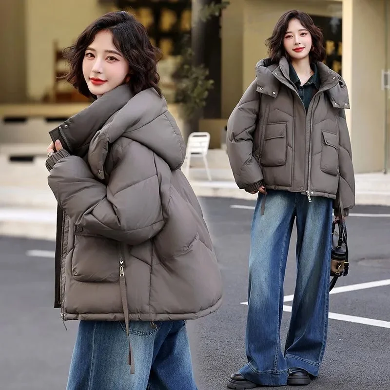 

2025 Fashionable Short Casual Cotton Jacket Women's Pure Color Hooded Korean Style Winter New Arrival Cotton Coat