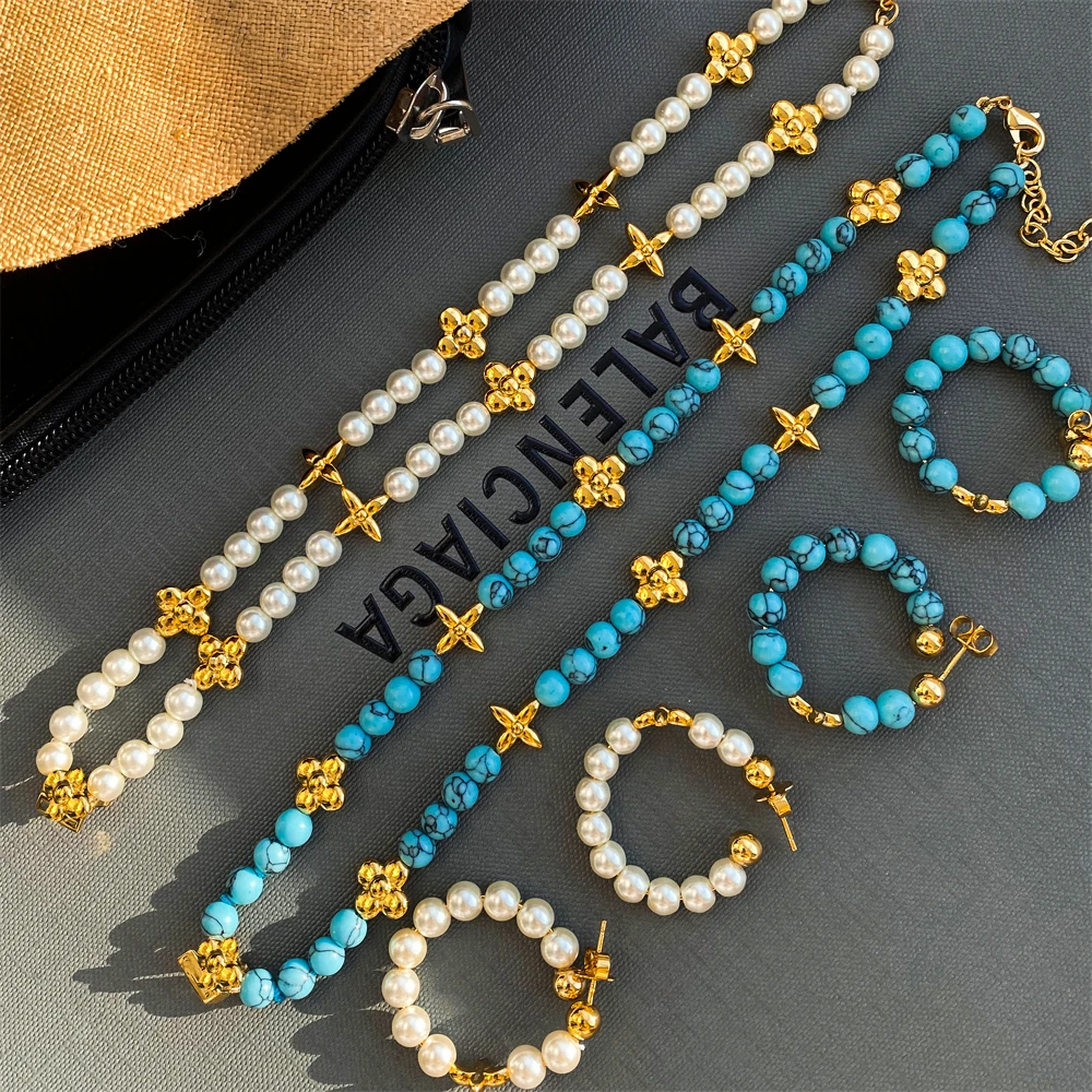

Niche design turquoise flower pearl collarbone chain high sense light luxury